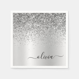 Silver Glitter Metal Monogram Glam Name Napkin