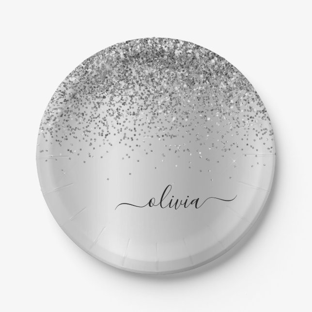 Silver Glitter Metal Monogram Glam Name Paper Plate (Front)