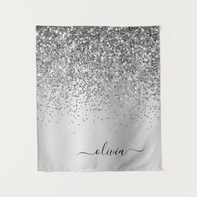 Silver Glitter Metal Monogram Glam Name Tapestry (Front)