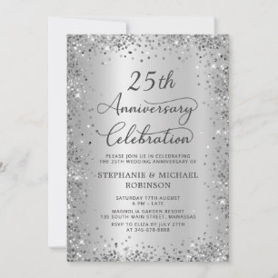 Silver Glitter Metallic 25th Wedding Anniversary Invitation