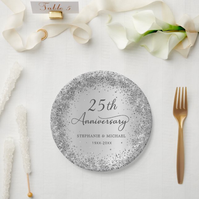 Silver Glitter Metallic 25th Wedding Anniversary  Paper Plate (Wedding)