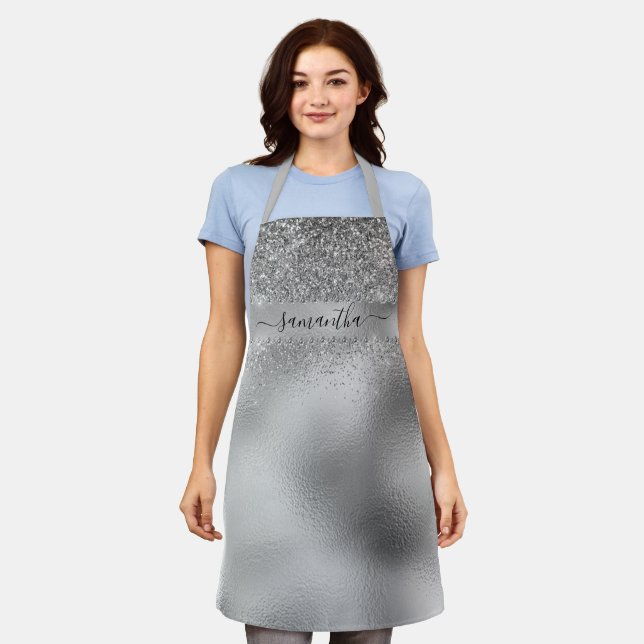 Silver Glitter Metallic Diamond Bling Monogram Apron (Worn)