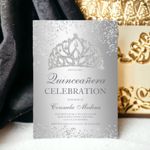 Silver glitter metallic foil tiara Quinceañera Invitation