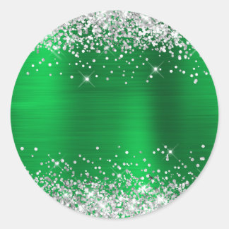 Silver Glitter Metallic Green Blank Classic Round Sticker