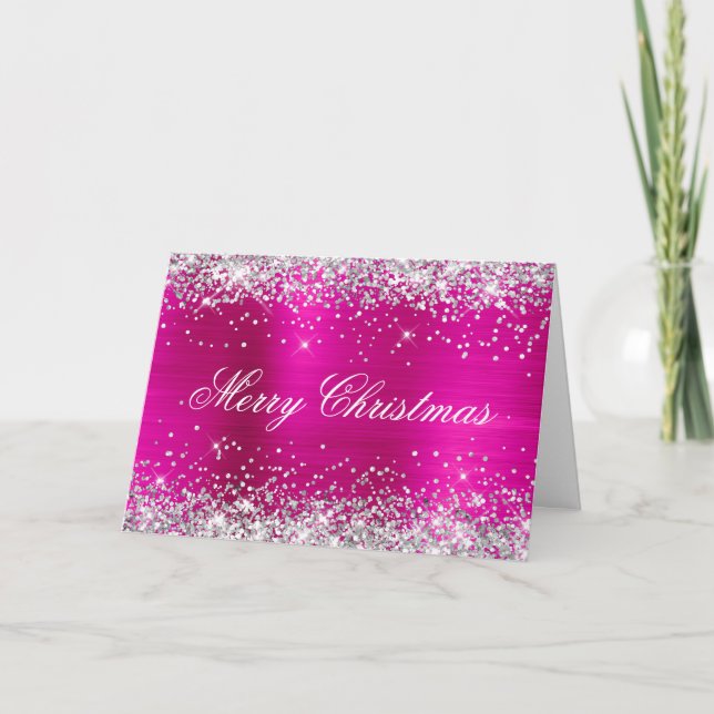 Silver Glitter Metallic Hot Pink Family Photo Card (Front)