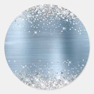 Silver Glitter Metallic Light Blue Blank Classic Round Sticker