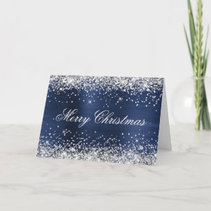 Silver Glitter Metallic Navy Family Photo Card
