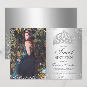 Silver glitter metallic photo tiara Sweet 16 Invitation