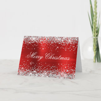 Silver Glitter Metallic Red Family Photo Card
