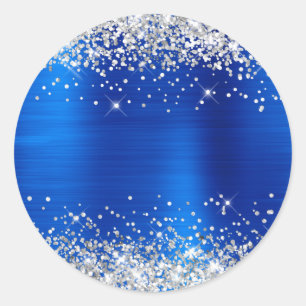 Silver Glitter Metallic Royal Blue Blank Classic Round Sticker