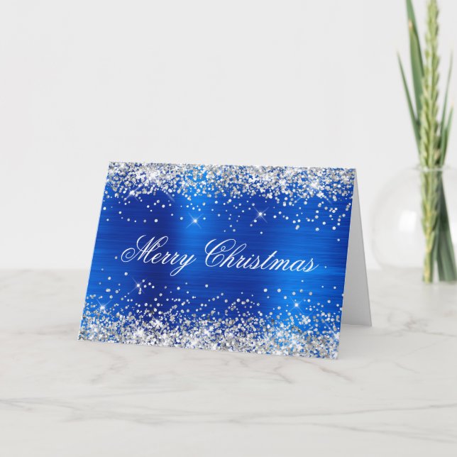 Silver Glitter Metallic Royal Blue Family Photo Card (Front)