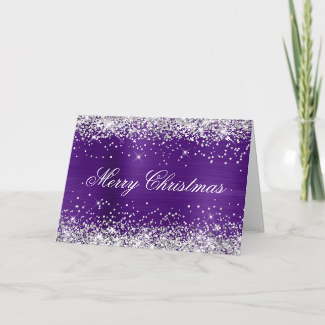 Silver Glitter Metallic Royal Purple Family Photo Card (Front)