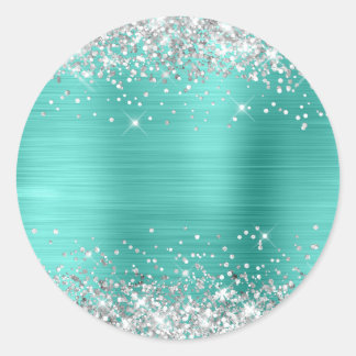Silver Glitter Metallic Turquoise Blank Classic Round Sticker