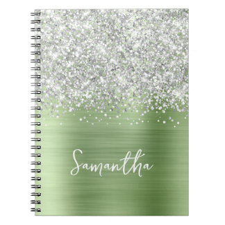 Silver Glitter Mint Glam Script Name Notebook