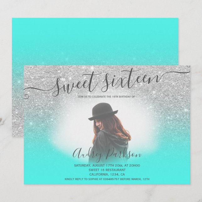 Silver glitter mint green chic Sweet 16 photo Invitation (Front/Back)