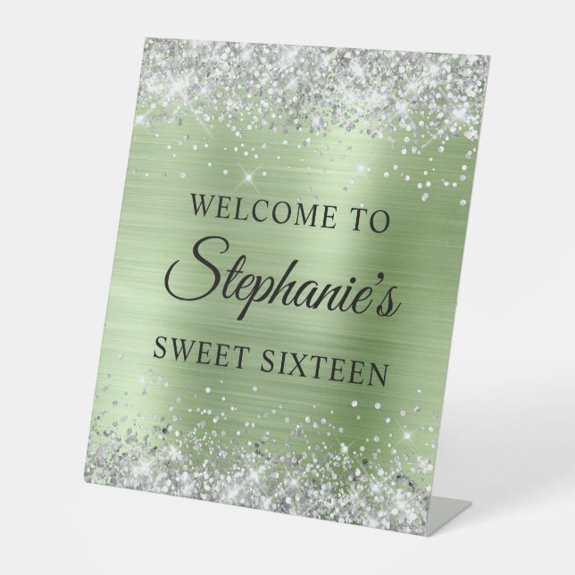 Silver Glitter Mint Green Foil 16th Birthday Pedestal Sign (Front)