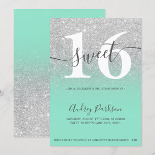 Silver glitter mint green ombre girly Sweet 16 Invitation