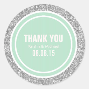 Silver Glitter & Mint Green Thank You Round Classic Round Sticker
