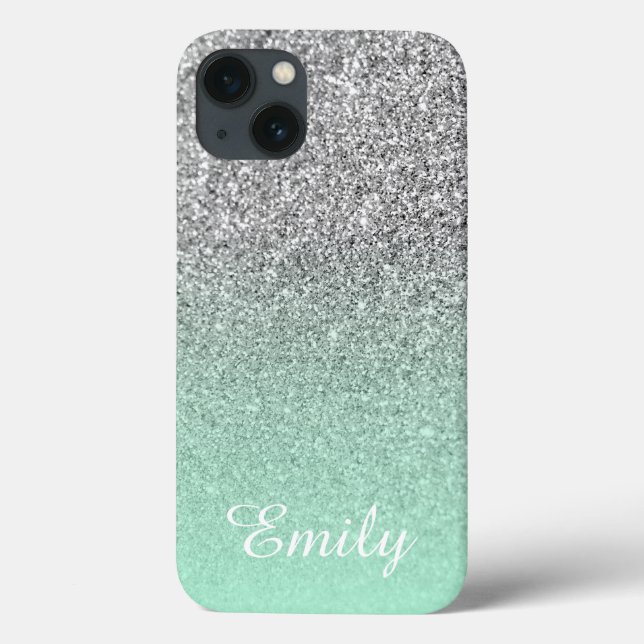 Silver Glitter Mint Ombre Personalised Case-Mate iPhone Case (Back)