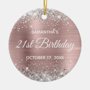 Silver Glitter Misty Rose Foil 21st Birthday Ceramic Tree Decoration