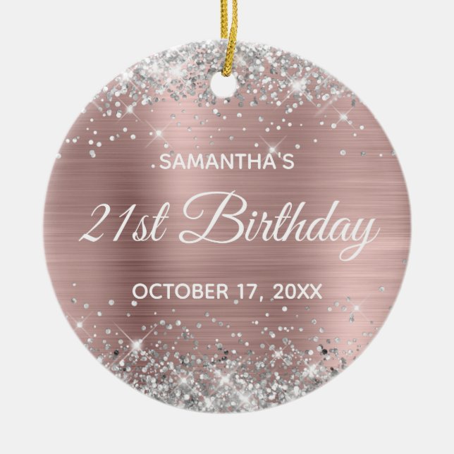 Silver Glitter Misty Rose Foil 21st Birthday Ceramic Tree Decoration (Front)