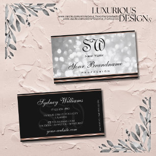 Silver Glitter Monogram Black and Rose Gold Border Business Card