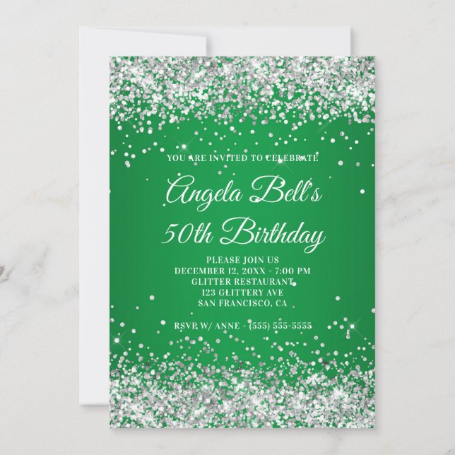 Silver Glitter Monogram Green Ombre 50th Birthday Invitation (Back)