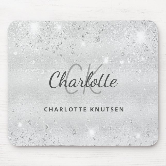 Silver glitter monogram initails name metallic mouse mat (Front)