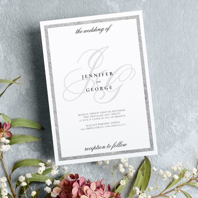 Silver glitter monogram initials white wedding invitation (Silver glitter monogram initials white wedding invitation )