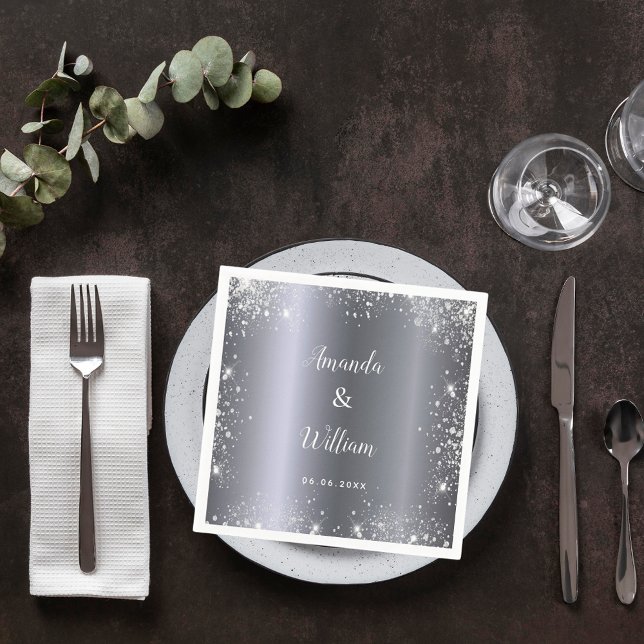 Silver glitter monogram metal wedding napkin (Creator Uploaded)