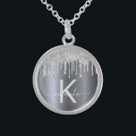 Silver glitter monogram modern elegant name sterling silver necklace<br><div class="desc">Girly, trendy and monogrammed. A faux silver background decorated with faux silver glitter drips, paint dripping look. Personalise and add a name and monogram letter. Grey and white coloured letters. The name is written with a modern hand lettered style script with swashes. To keep the swashes only delete the sample...</div>