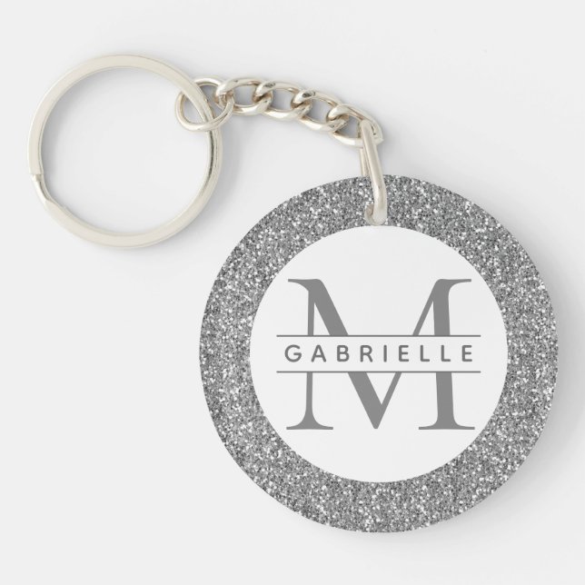 Silver Glitter Monogram Name Key Ring (Front)