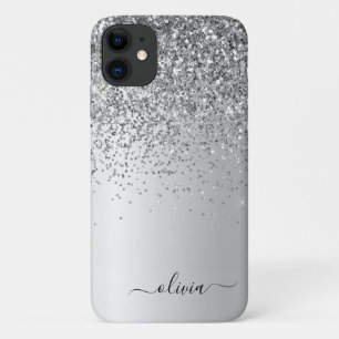 Silver Glitter Monogram Name Luxury Girly iPhone 11 Case