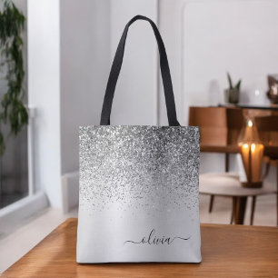 Silver Glitter Monogram Name Luxury Girly Tote Bag