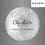 Silver glitter monogram name magnet<br><div class="desc">A faux silver looking background decorated with faux silver glitter, sparkles. Personalise and add your monogram initials, first name and full name.</div>
