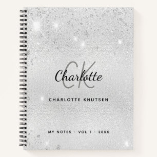 Silver glitter monogram name notebook