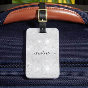 Silver glitter monogram name script luggage tag