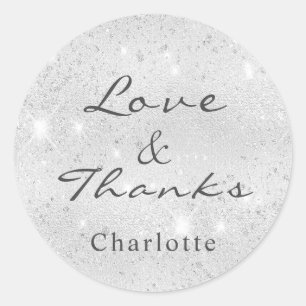 Silver glitter monogram name thank you classic round sticker