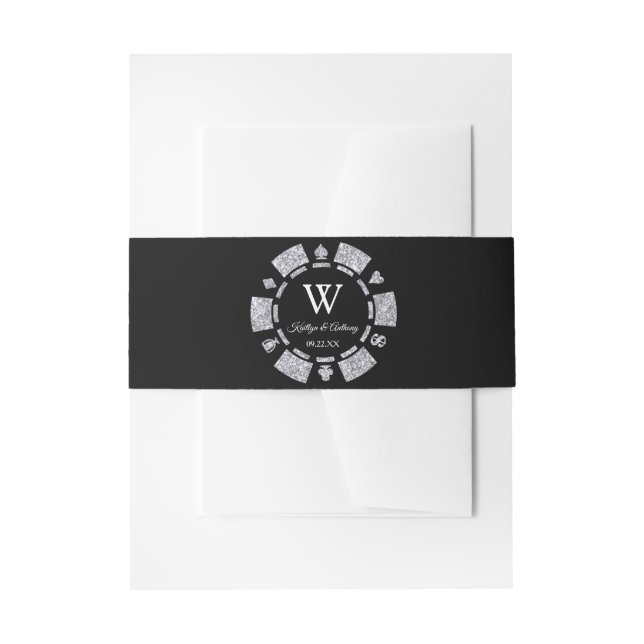 Silver Glitter Monogram Poker Chip Casino Wedding Invitation Belly Band (Front Example)