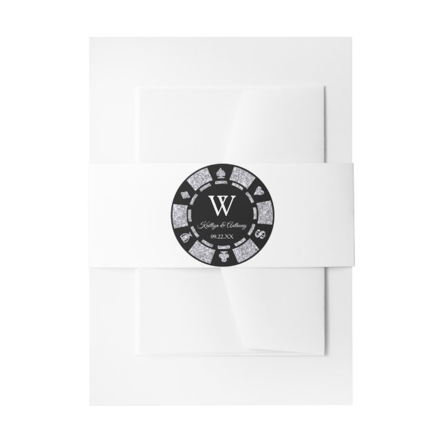 Silver Glitter Monogram Poker Chip Casino Wedding Invitation Belly Band (Front Example)
