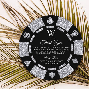 Silver Glitter Monogram Poker Chip Casino Wedding Thank You Card