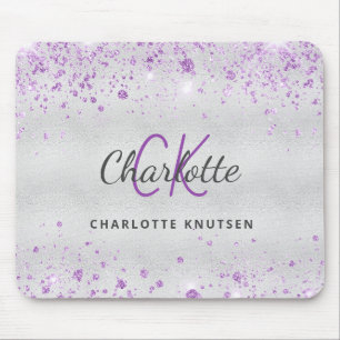 Silver glitter monogram purple name metallic mouse mat