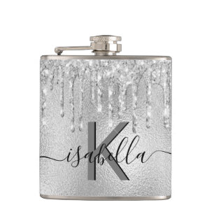 Silver glitter monogram script hip flask