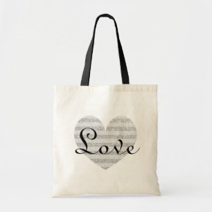 Silver glitter monogram stripe love heart tote bag