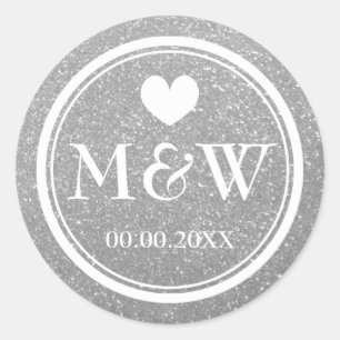 Silver glitter monogram wedding favour stickers