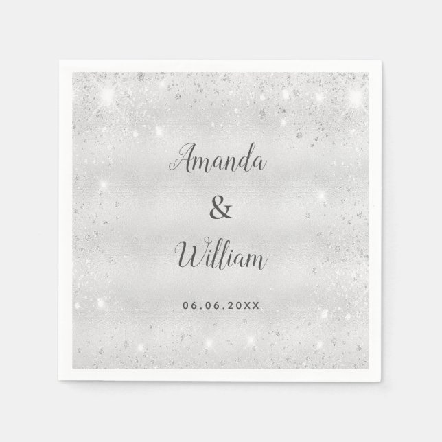 Silver glitter monogram wedding napkin (Front)