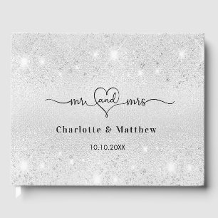 Silver glitter mr mrs heart names wedding guest book