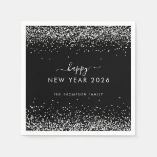 Silver Glitter Name Black Happy New Year 2025 Napkin