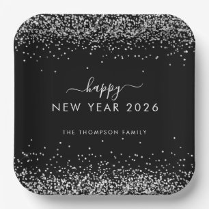 Silver Glitter Name Black Happy New Year 2025 Paper Plate
