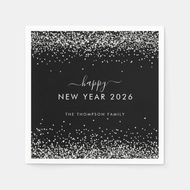Silver Glitter Name Black Happy New Year 2026 Napkin (Front)